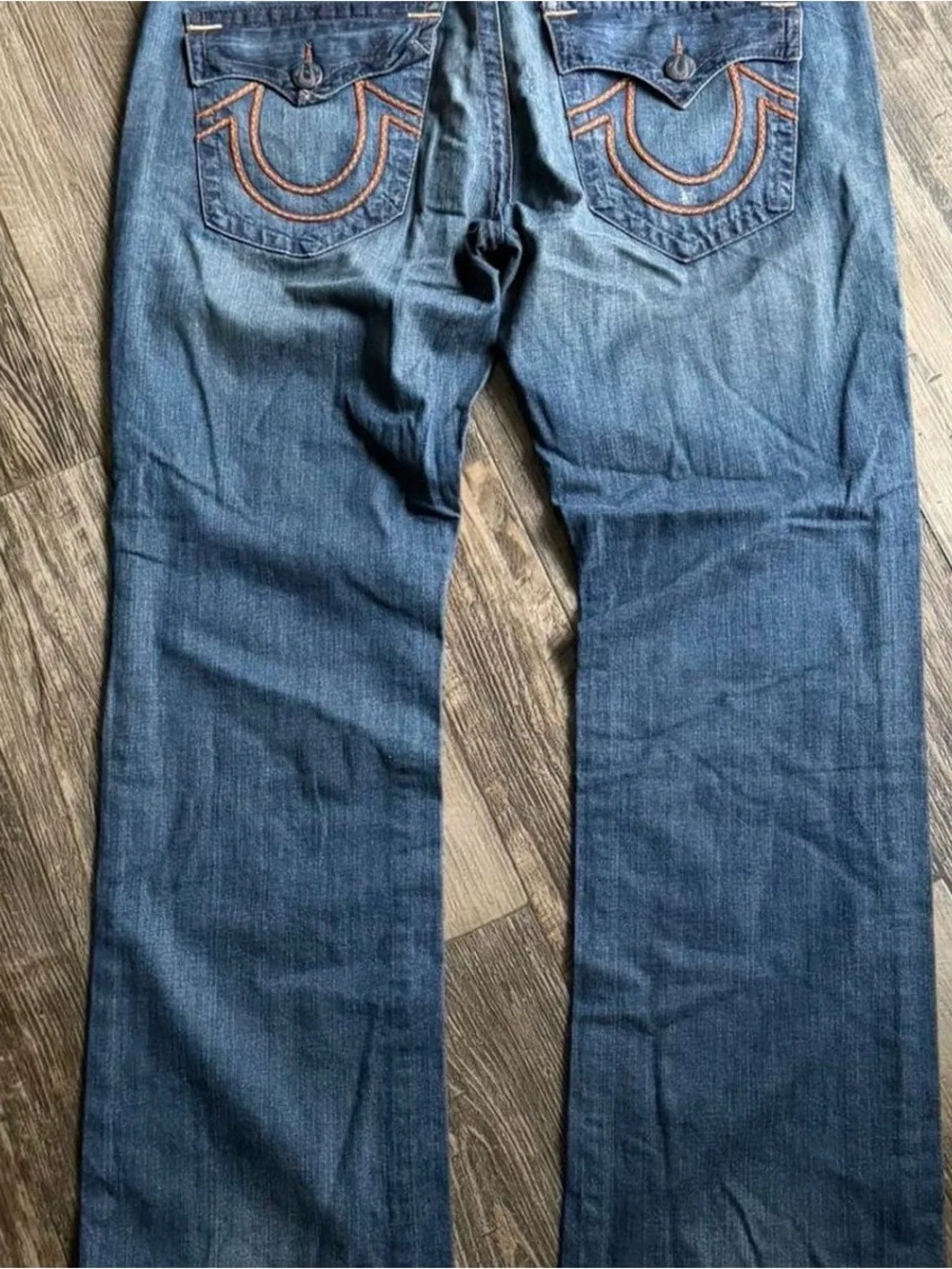 True Religion Men’s Blue Denim Jeans with Orange Contrast Stitching